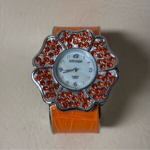 Strada Ladies Fashion Gem Quartz Watch Flower Silver Tone 2" Cuff Bracelet